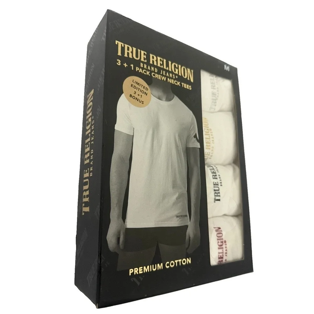 True Religion Men's White Crew Neck Tee Shirts 4 Pack 100% Cotton Size Large New